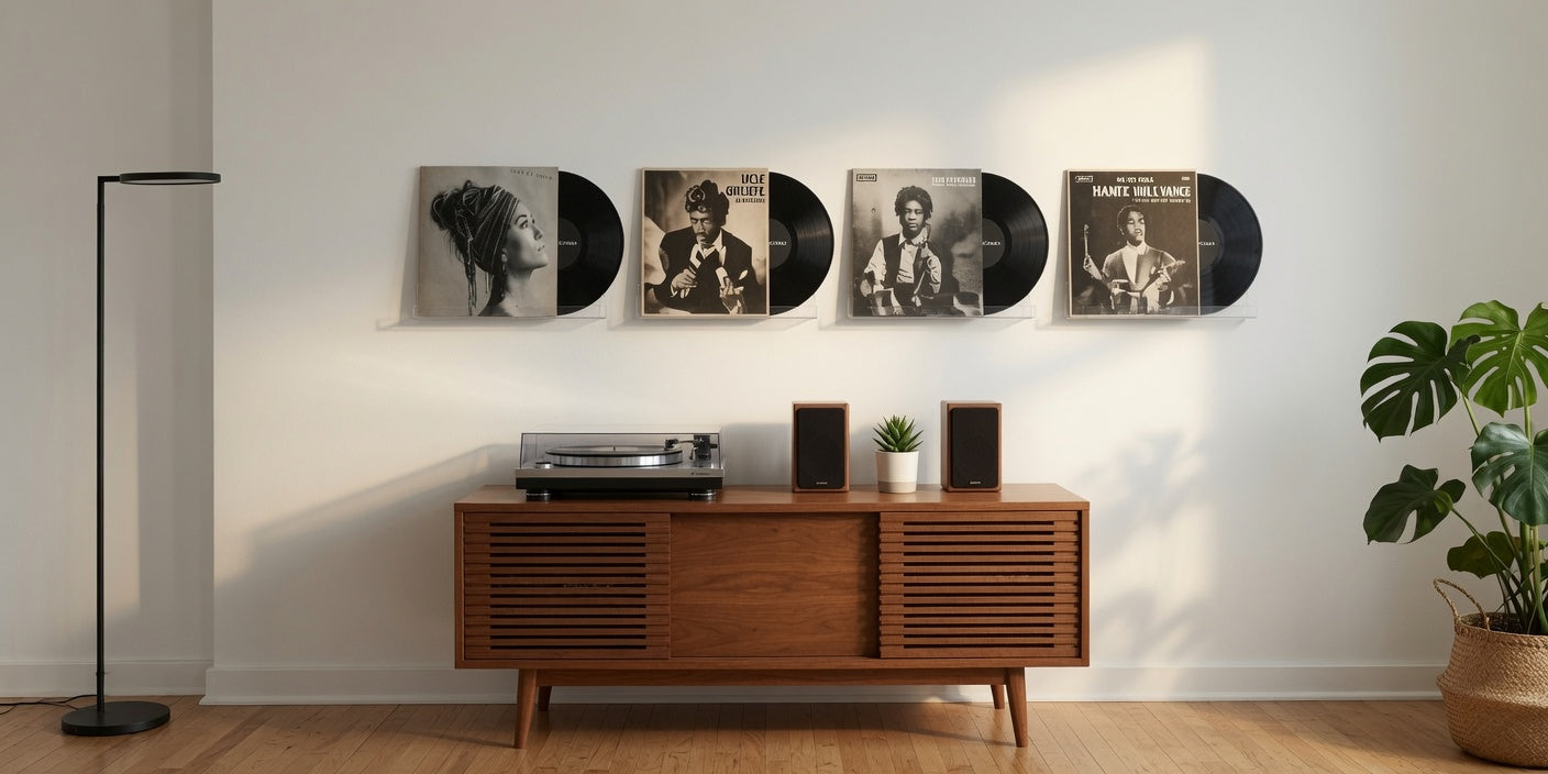 Platine vinyle en bois dans un intérieur soigné