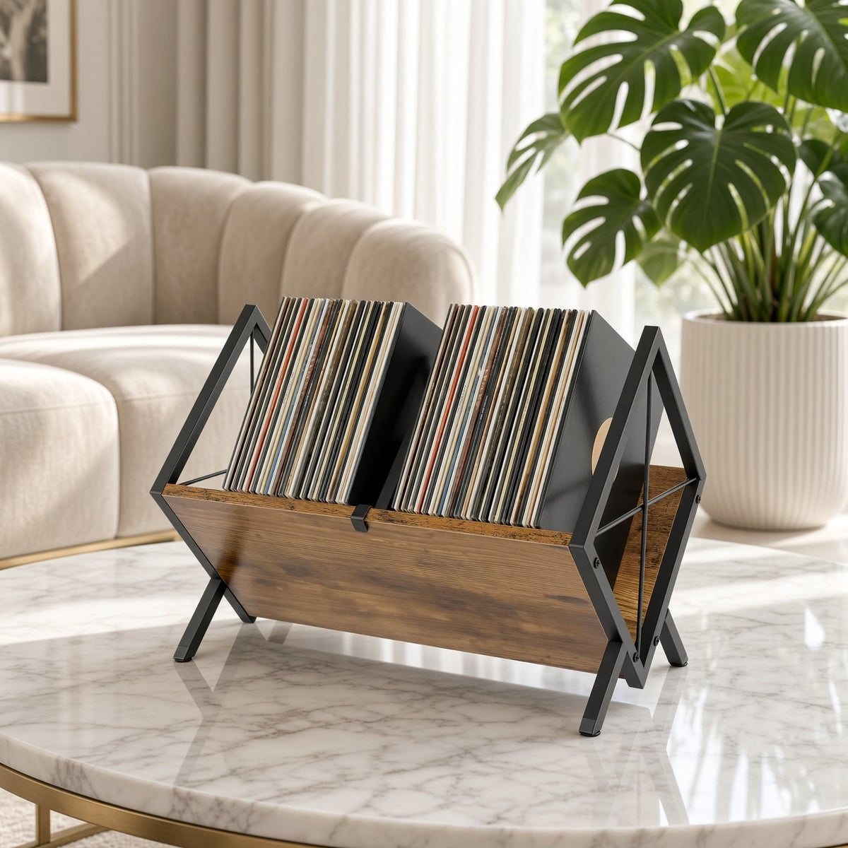 Casier à vinyles en bois et fer rempli de disques