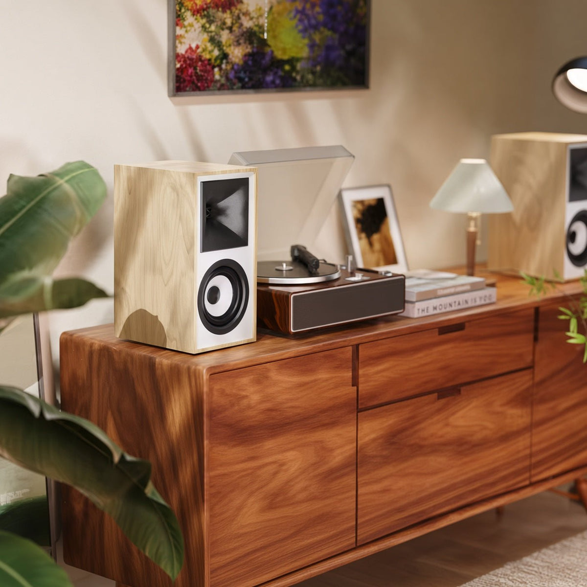 Paire d'enceintes actives Sonata 80W posées près d'une platine vinyle