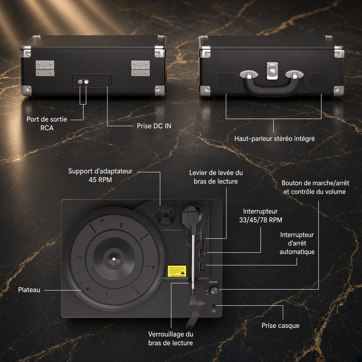 Esquema de los controles del tocadiscos Nomade: elevador de brazo, selector 33/45/78, parada automática, toma de auriculares, salida RCA