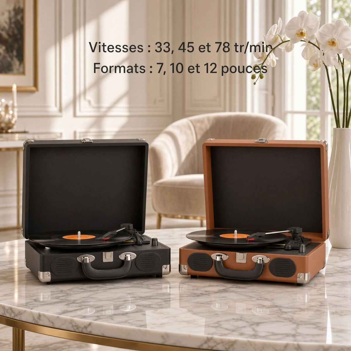 Tocadiscos Nomade en negro y coñac abiertos, 3 velocidades 33/45/78 rpm y formatos de 7, 10 y 12 pulgadas