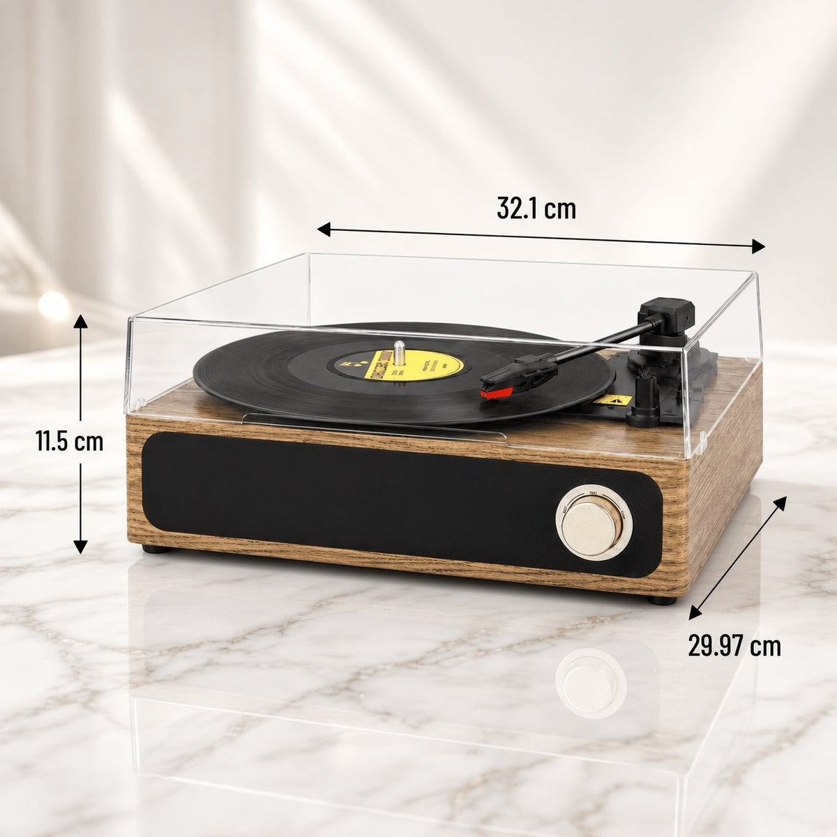 Dimensiones del tocadiscos Nogal: 32,1 cm de ancho, 29,97 cm de profundidad, 11,5 cm de alto