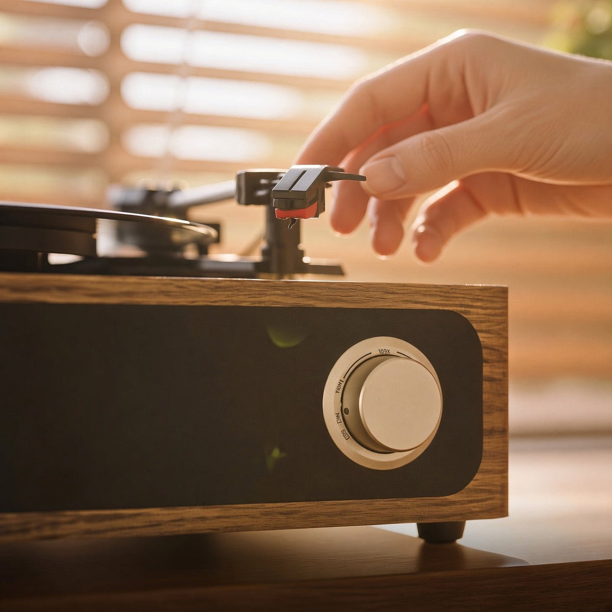 Mano ajustando el botón de volumen del tocadiscos Nogal de madera