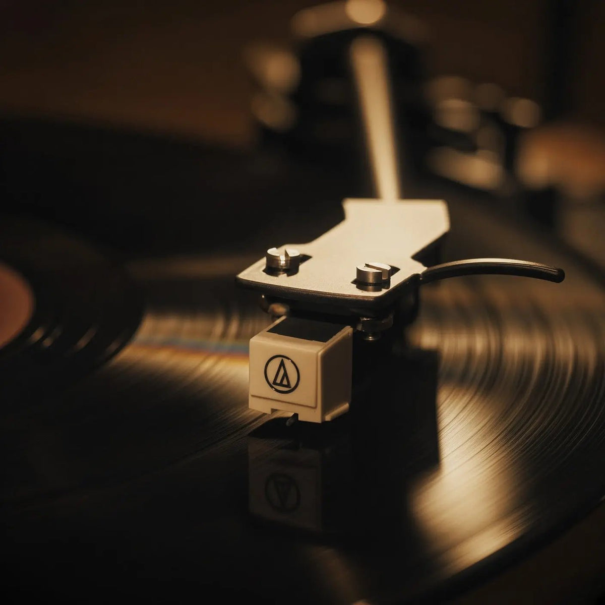 Gros plan sur la cellule Audio-Technica de la platine Ritual posée sur un disque