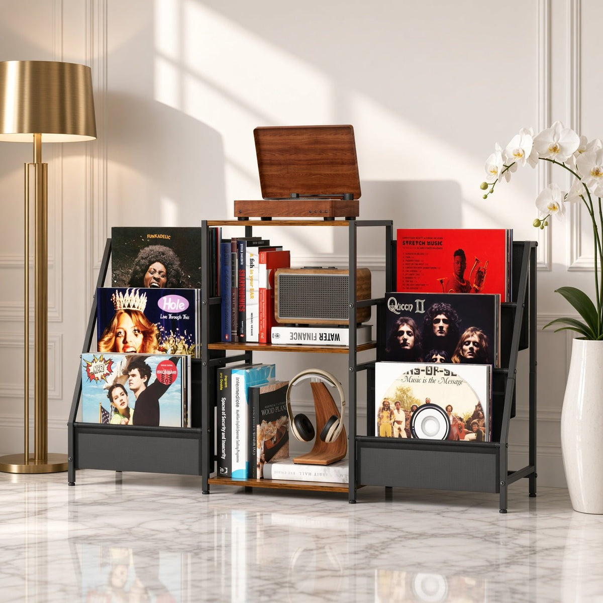 Meuble à vinyles 3 niveaux avec platine et disques rangés