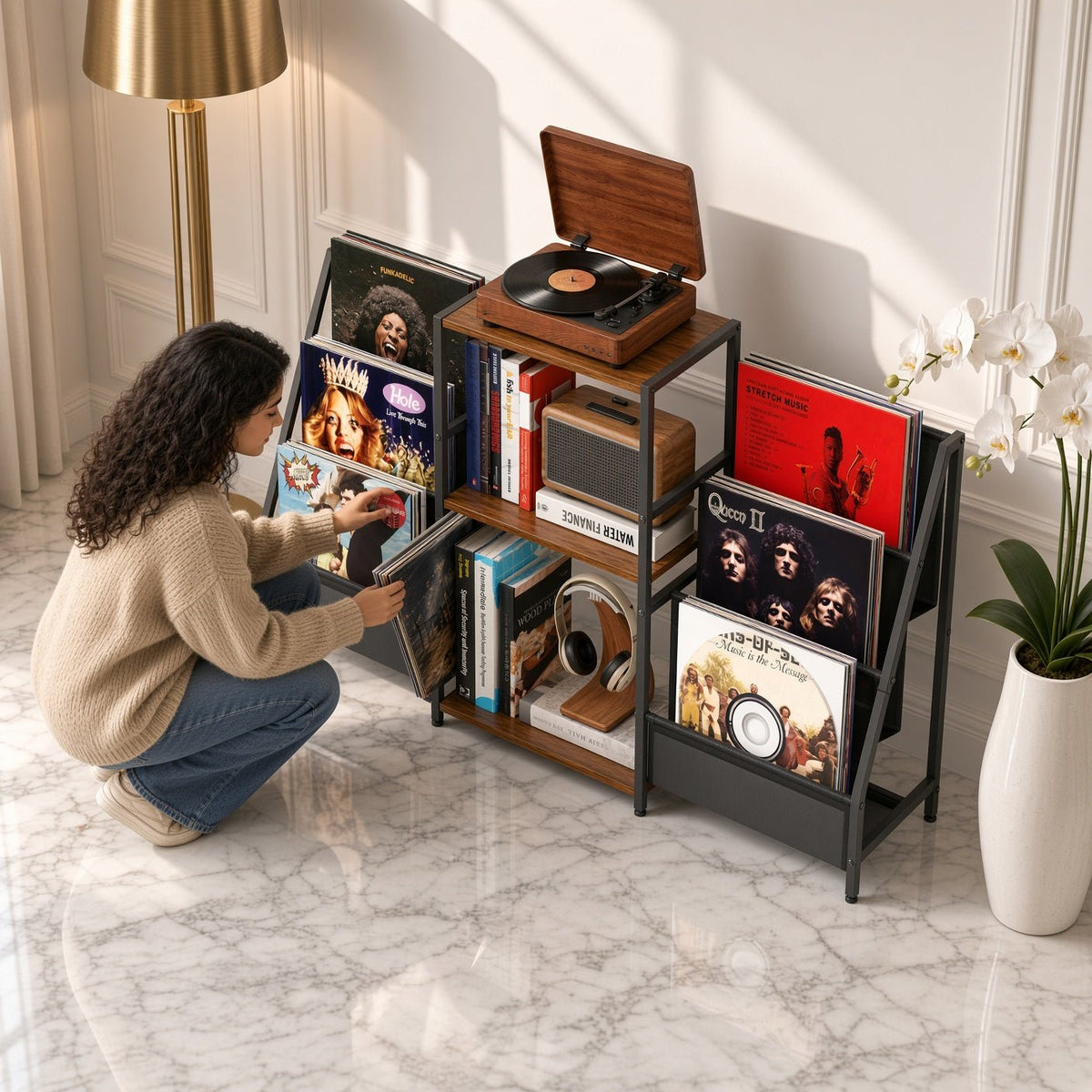 Meuble de rangement vinyle en bois et acier, vue de face
