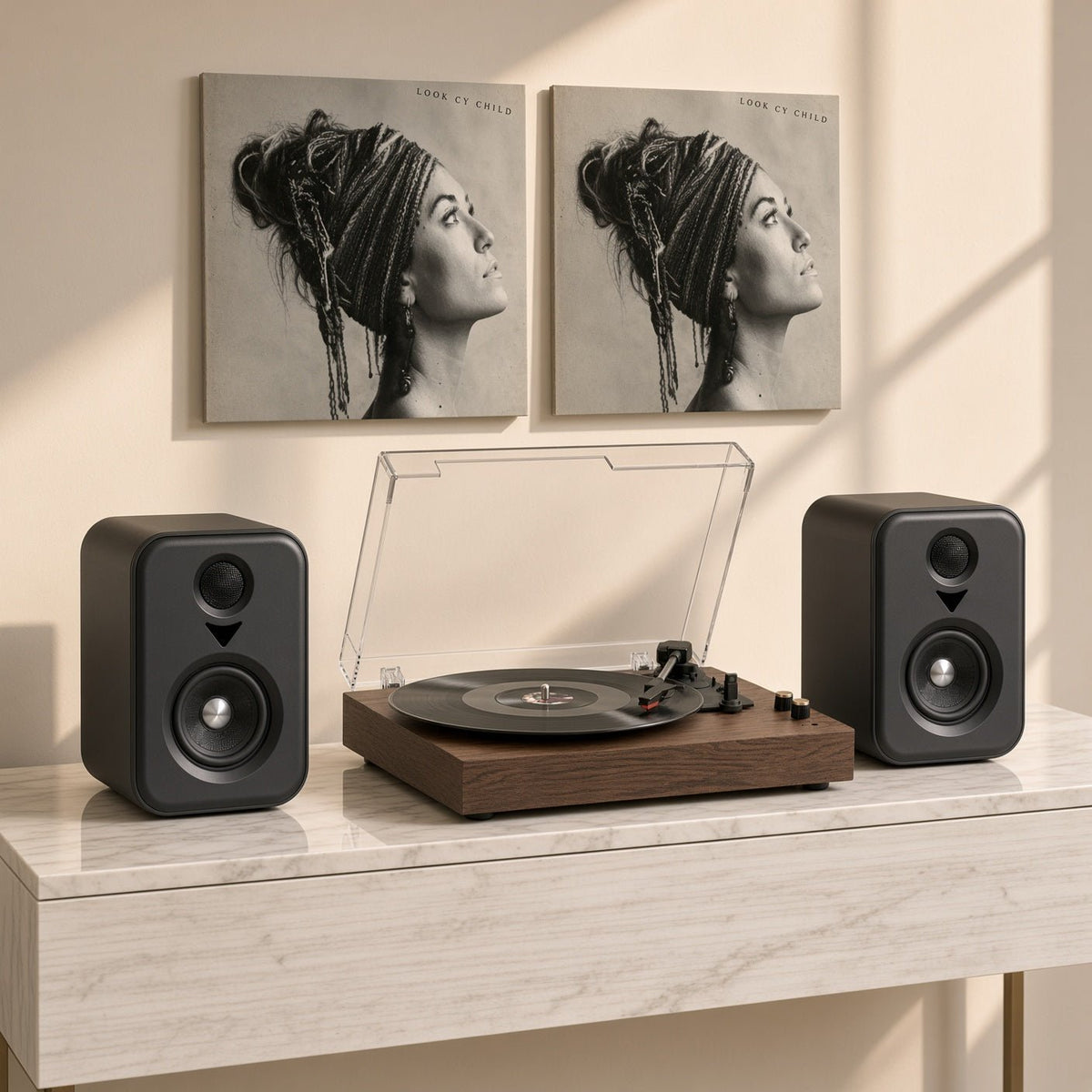 Pack Découverte vinyle : platine Chêne, enceintes Prélude 50W, câble RCA et support mural