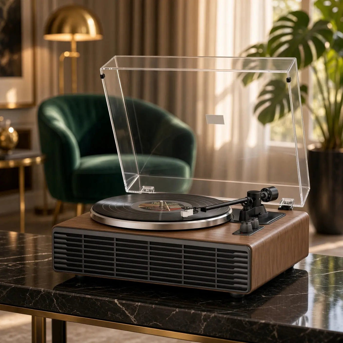 Platine vinyle Atlas dans un salon, capot relevé et vinyle sur le plateau
