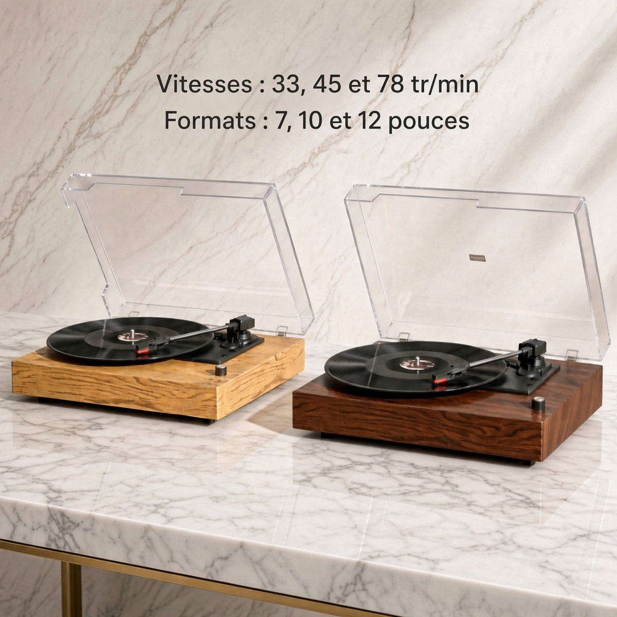 Tocadiscos Roble en madera clara y madera oscura, 3 velocidades 33, 45 y 78 rpm y formatos de 7, 10 y 12 pulgadas