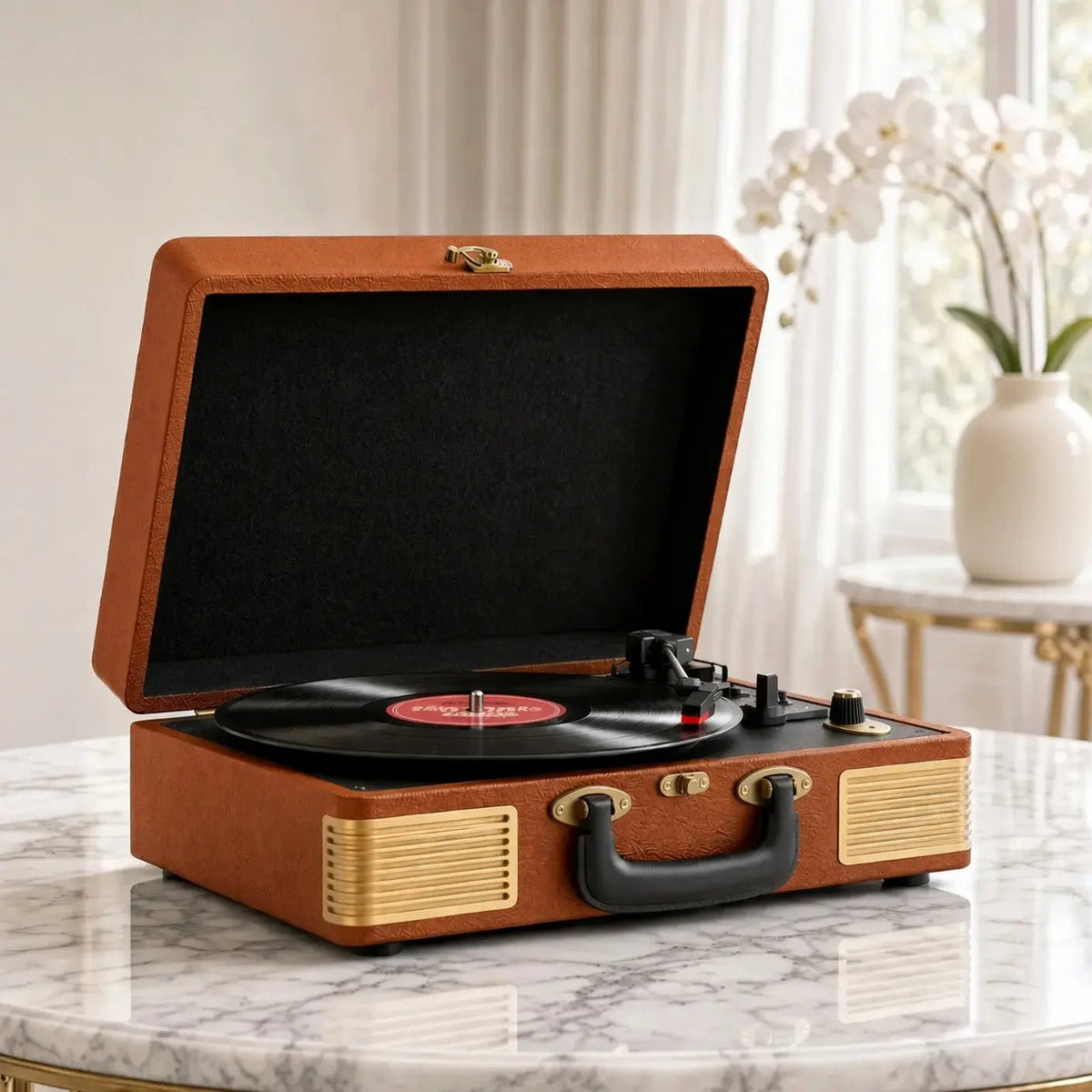 Platine vinyle Laiton en finition cognac, valise ouverte avec un vinyle en lecture